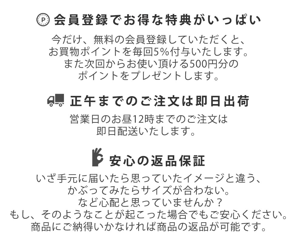 会員登録でお得な特典がいっぱい。正午までのご注文は即日出荷。安心の返品保証。