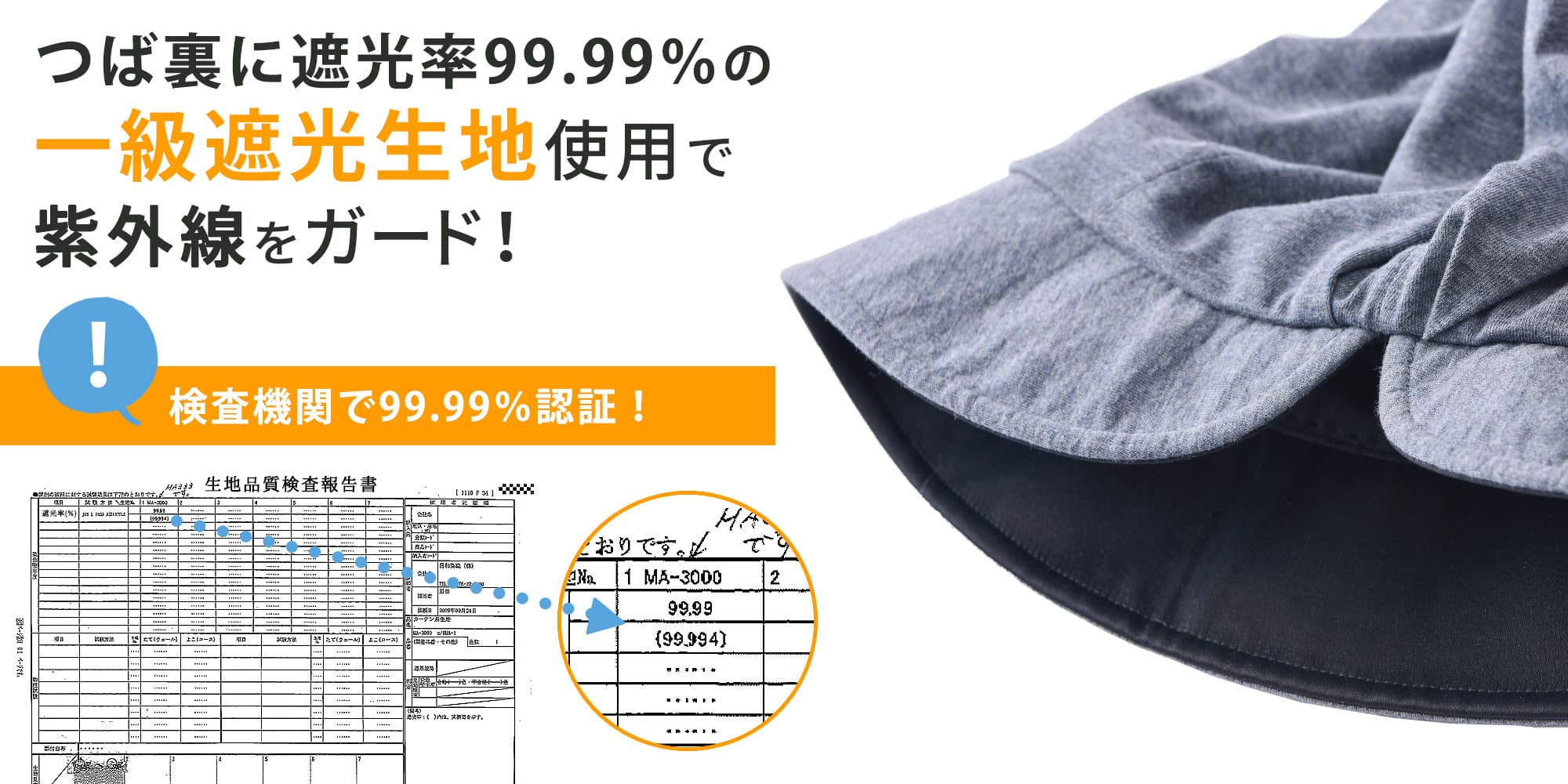 つば裏に遮光率99.99％の一級遮光生地使用で紫外線をガード！検査機関で99.99％認証！