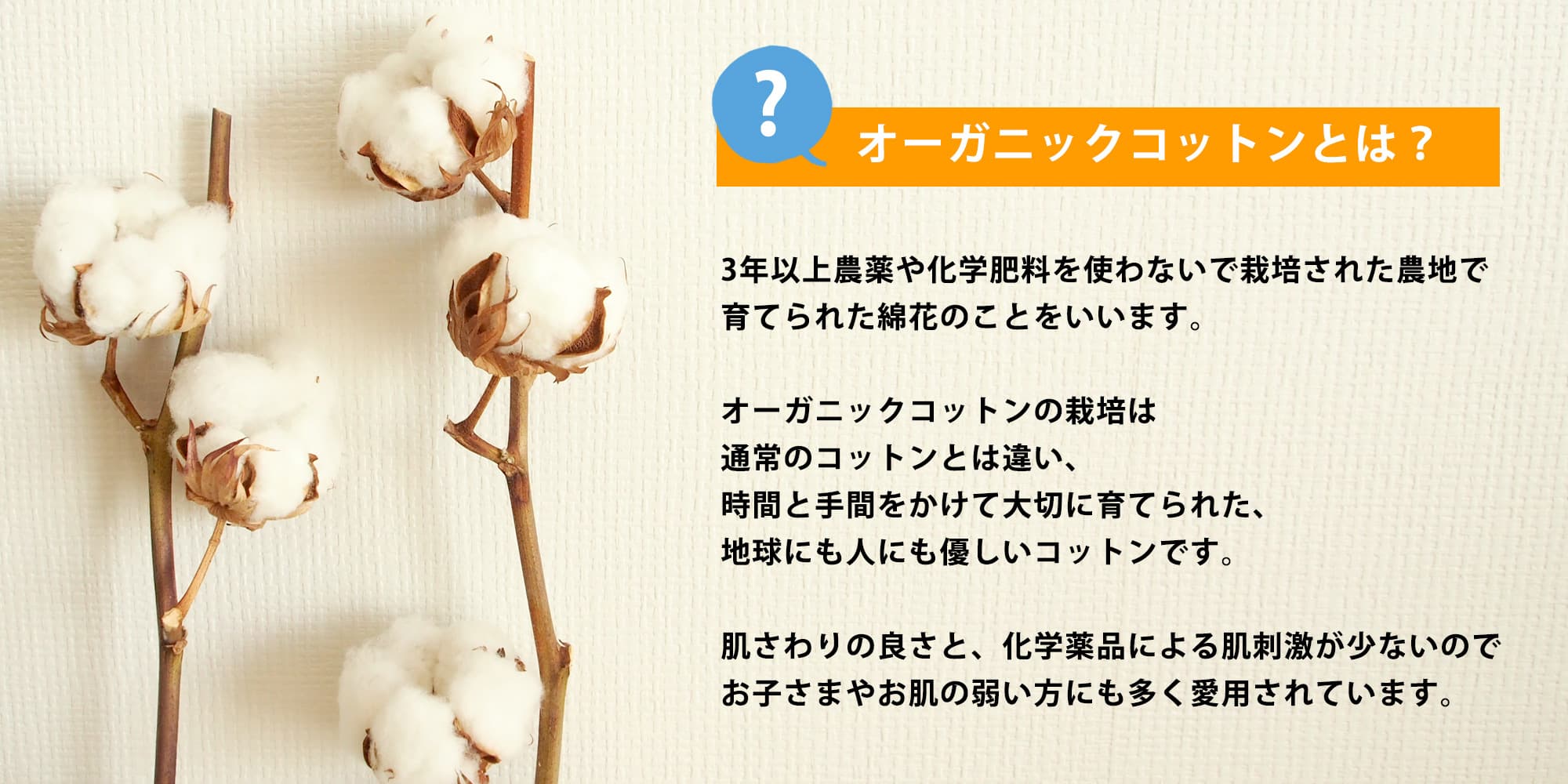 オーガニックコットンとは？ 3年以上農薬や化学肥料を使わないで栽培された農地で育てられた綿花のことをいいます。オーガニックコットンの栽培は通常のコットンとは違い、時間と手間をかけて大切に育てられた、地球にも優しいコットンです。肌さわりの良さと、化学薬品による肌刺激が少ないのでお子さまやお肌の弱い方にも多く愛用されています。